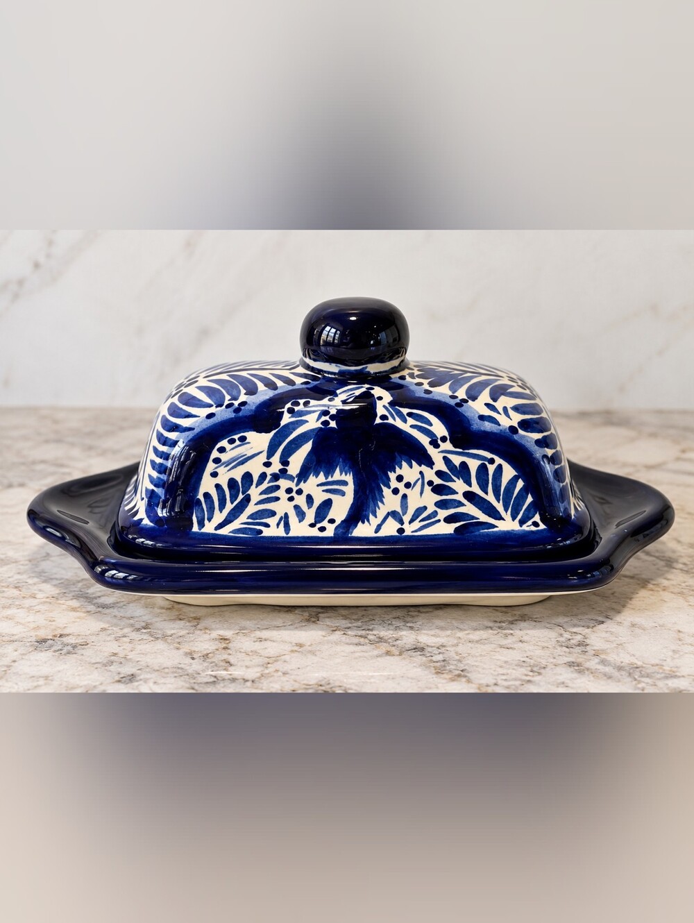 Mexican Talavera Style Blue White Hand Painted Bird Covered Butter Dish